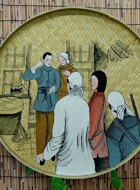 手绘竹编簸箕画红军墙面