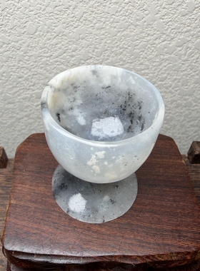 天然岫玉水墨意境高脚杯小摆件杯子酒杯