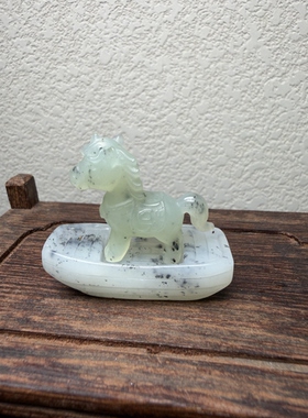 天然岫玉水墨意境小马坐船造景摆件马到成功一帆风顺一套