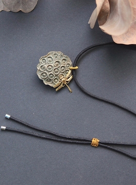 莲蓬木质饰品纯铜蜻蜓配件原创设计手作百搭气质长款项链毛衣链