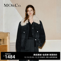 MOCO2023 Winter New Pint Detachable Fur Collar Loose Black Denim Jacket Jacket Cotton MBC4JKTT04