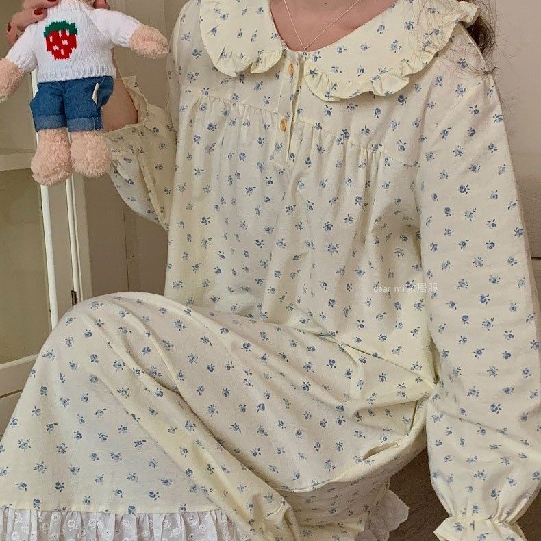 奶蓝小碎花睡衣女春秋款纯棉绒布家居服冬季纯欲风磨毛法兰绒睡裙,淘宝优惠券,粉丝福利购,淘宝优惠卷