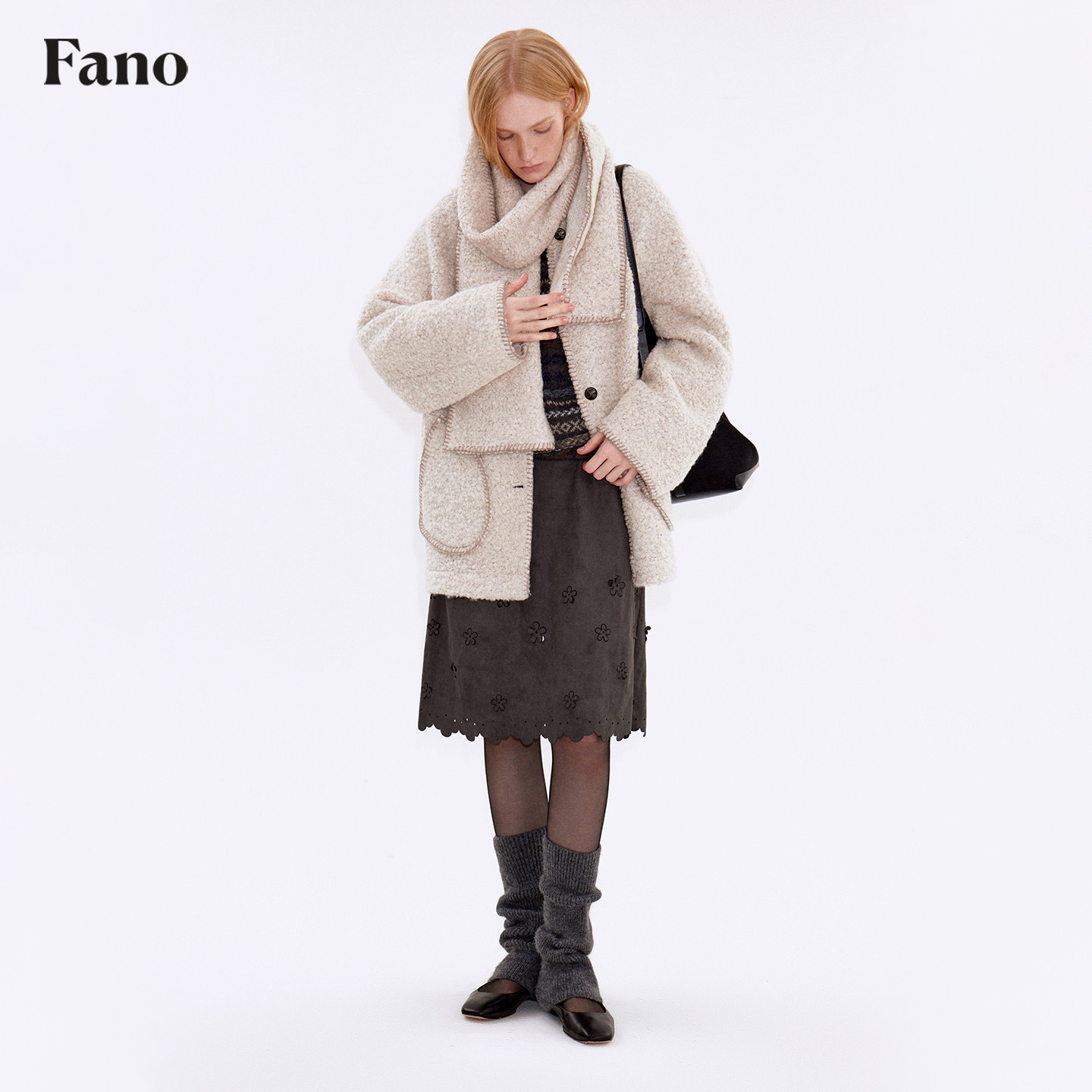 范洛Fano 糯感杂米色圈圈呢撞色E字贝可拆卸围巾毛呢外套两件套女,淘宝优惠券,粉丝福利购,淘宝优惠卷