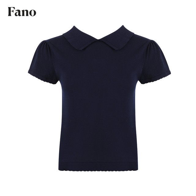 Fano 100 cotton age-reduced college style POLO collar sweater for women 2026 summer puff sleeve lace top