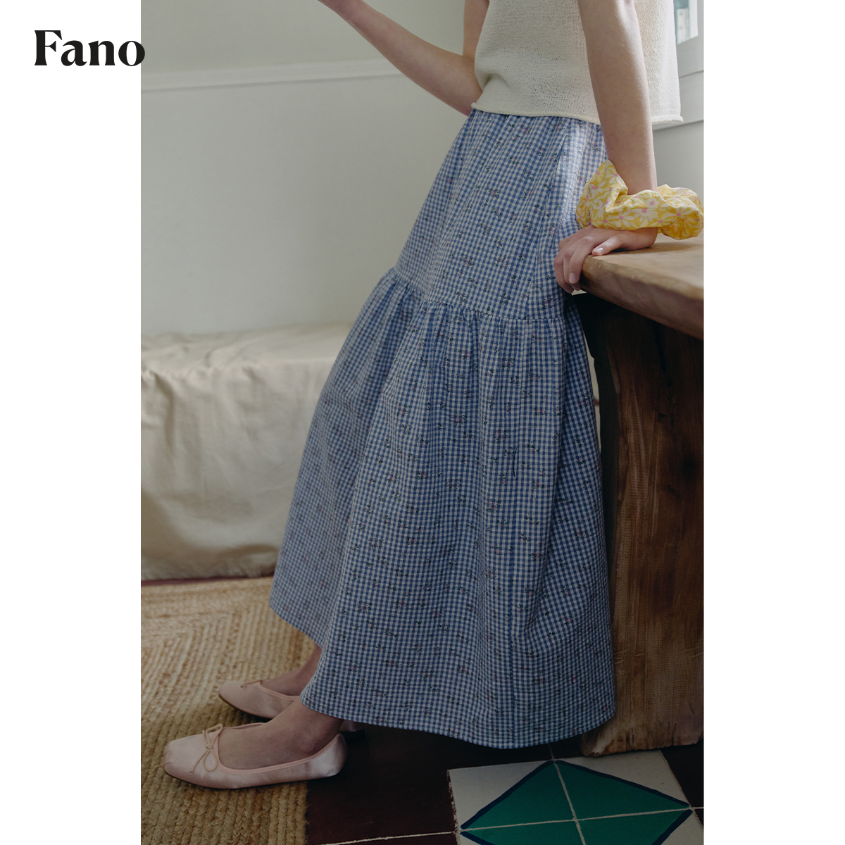 范洛Fano 慵懒风莫兰迪碎花格纹层叠松紧腰a字半身裙女2025夏季
