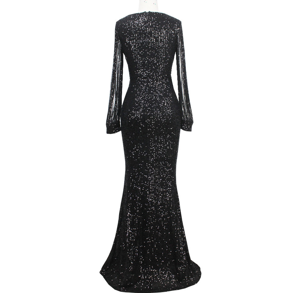 2019秋冬跨境热销新款欧美长款长袖女装流苏长袖亮片鱼尾晚礼服