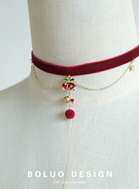圣诞红丝绒铃铛锁骨链