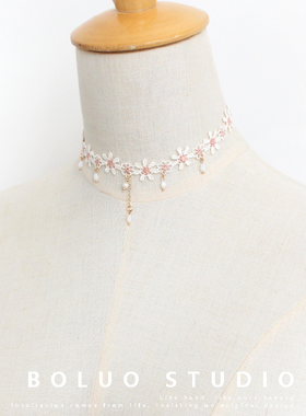 粉雏菊蕾丝锁骨链网红同款花朵珍珠脖子饰品颈带韩国装饰项链配饰