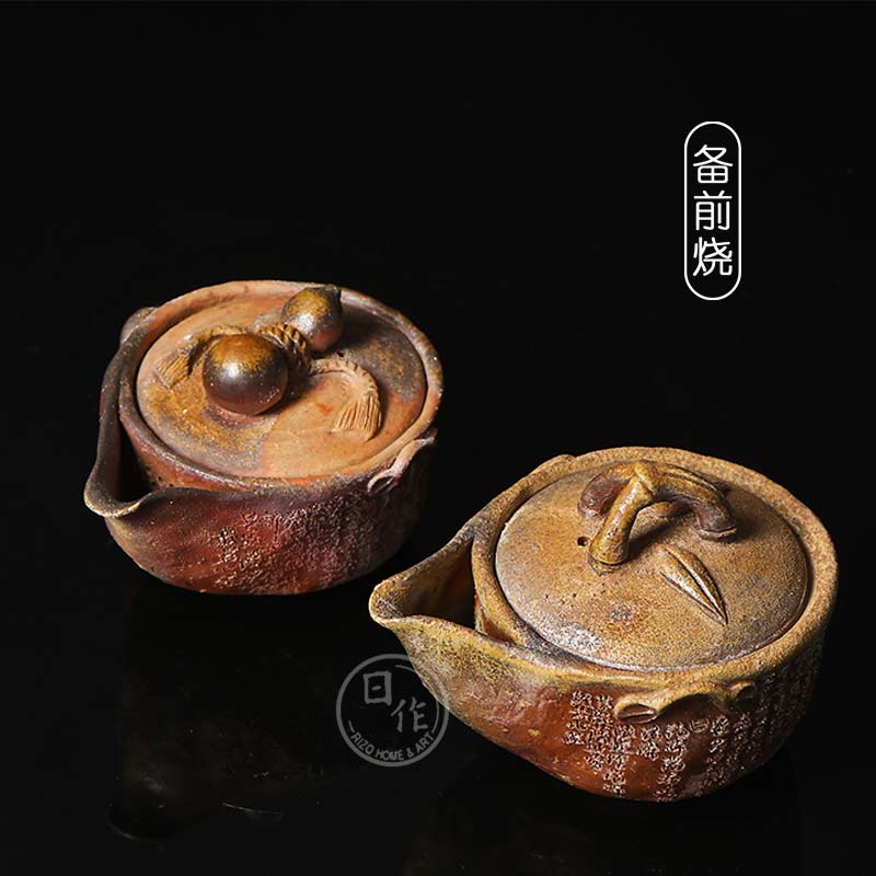 備前焼 小西陶蔵造 窯変造形急須 黄銅打出し提手土瓶 共箱☆美品☆茶事