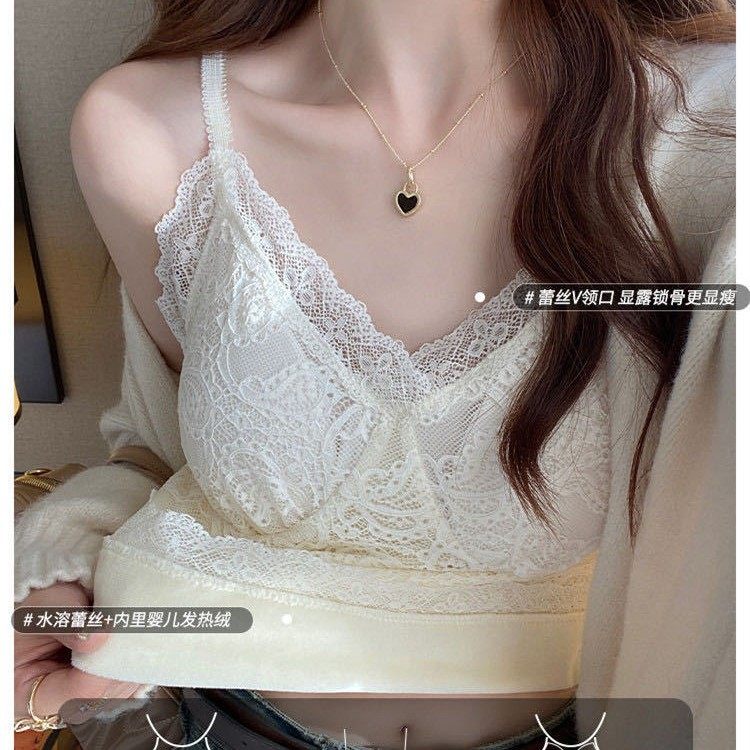 法式辣妹白色蕾丝带胸垫加绒吊带背心女保暖打底内搭美背上衣,淘宝优惠券,粉丝福利购,淘宝优惠卷
