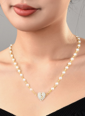 抖音爆款施家灰色正圆珍珠项链女轻奢小众高级感颈链百搭毛衣链