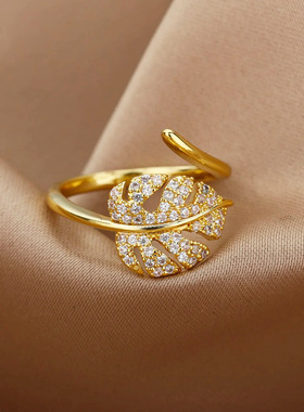 跨境热销18K镀金满钻轻奢不褪色开口戒指女锆石叶子指环女高级感