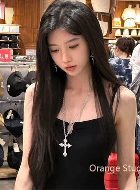 韩国小众设计bm同款银色十字架项链复古辣妹长款颈链复古朋克颈饰