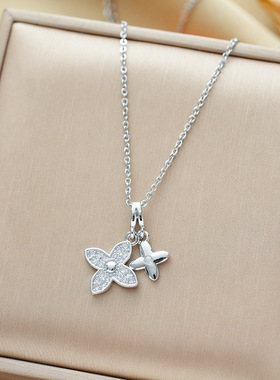 跨境时尚微镶双四叶花钛钢项链女轻奢真金电镀18K保色锁骨链饰品