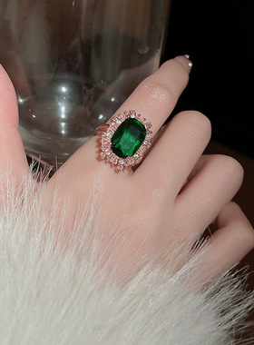 宫廷风复古法式祖母绿锆石戒指小众高级感食指戒时尚气质百搭手饰