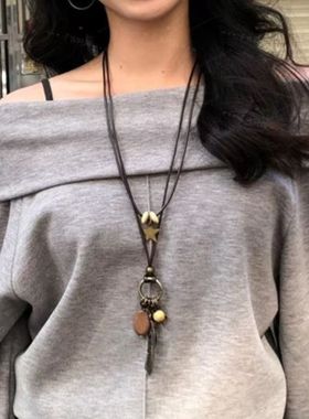 圆环吊坠黑绳长款项链女简约百搭高级感毛衣链小众设计卫衣链