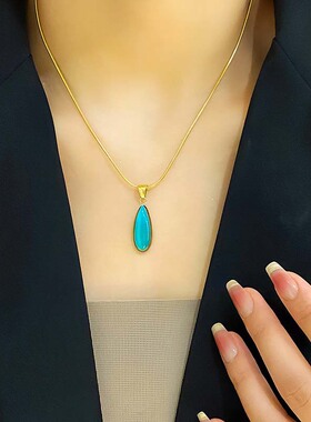 跨境钛钢复古蓝色海洋之心吊坠项链女个性小众设计锁骨链毛衣链