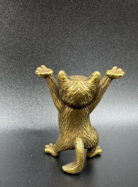 复古黄铜小猫摆件猫咪笔架站立举手小铜猫迷你小动物铜玩加菲猫
