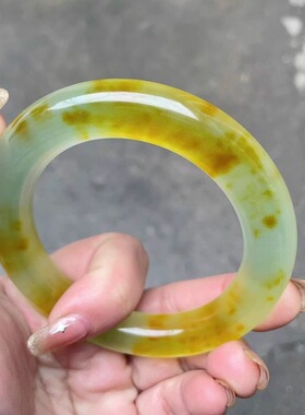 高品质独龙玉冰飘花手镯翡翠色高冰冰透黄翡正圈手镯子女玉石玉镯