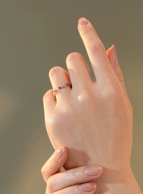 天然碧玺戒指18k黄金珠厚版3mm不变形au750糖果色彩虹碧戒圈指环