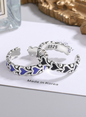 日韩版黑色紫色心形戒指泰银做旧复古轻奢风个性爱心开口戒指饰品