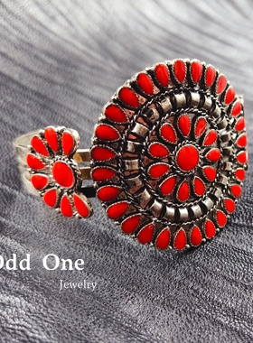 Odd One 做旧烧银色红色滴油民族风花盘开口手镯