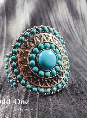 Odd One 做旧烧银色民族风仿松石花盘个性开口手镯