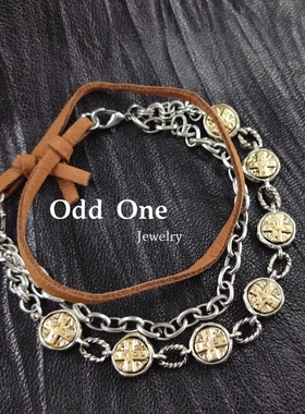 Odd One 复古做旧十字花纹双层链个性项链手链两用