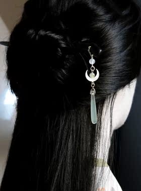 海上生明月中国风新中式月亮水滴发木质簪子盘发简约流苏发钗发簪