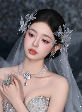 水舞A5323 森系白纱新娘头饰高级感超闪蝴蝶花朵结婚发夹婚纱配饰