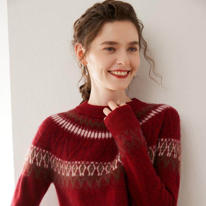 复古拼色费尔岛提花高级感山羊绒衫女圆领加厚针织毛衣宽松打底衫,淘宝优惠券,粉丝福利购,淘宝优惠卷