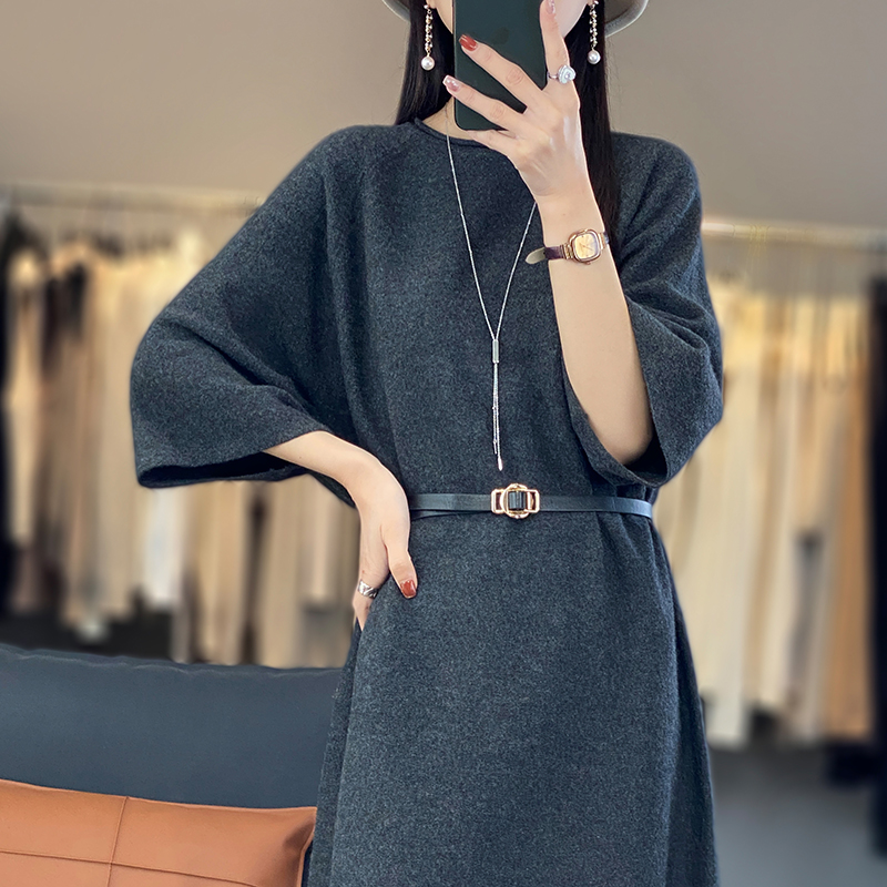 100%纯羊毛衫女2025春秋新款女七分袖中长款打底长裙气质针织裙子 - 图0
