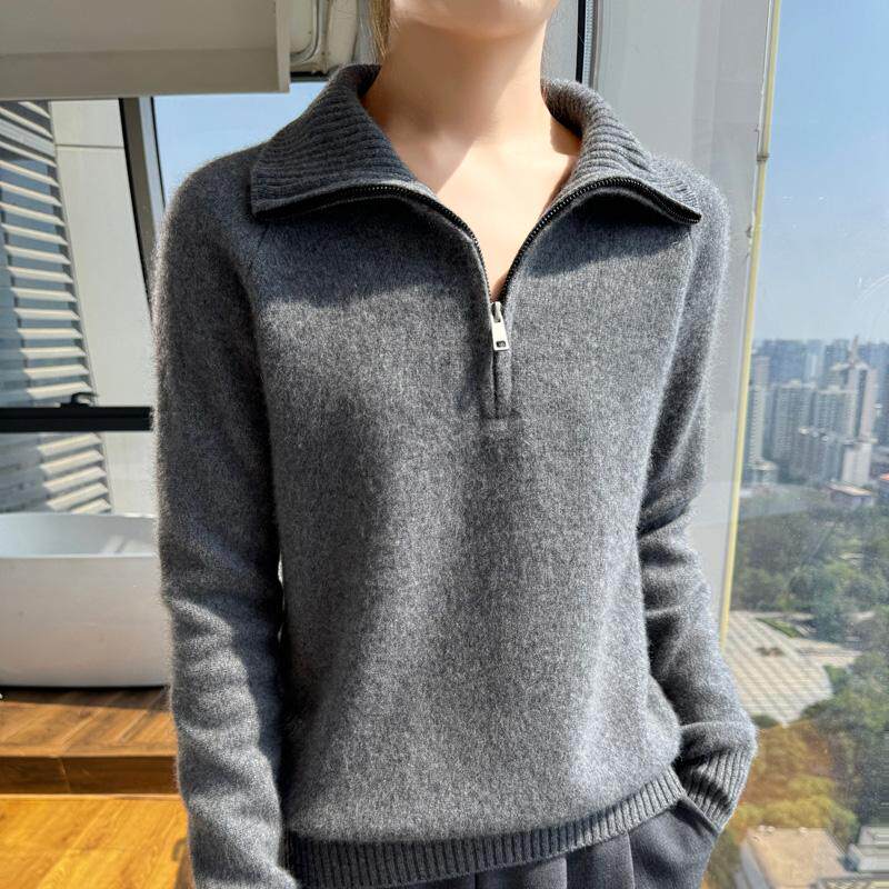 2024秋100%纯羊毛衫女半开领拉链加厚针织毛衣宽松羊绒衫打底上衣,淘宝优惠券,粉丝福利购,淘宝优惠卷