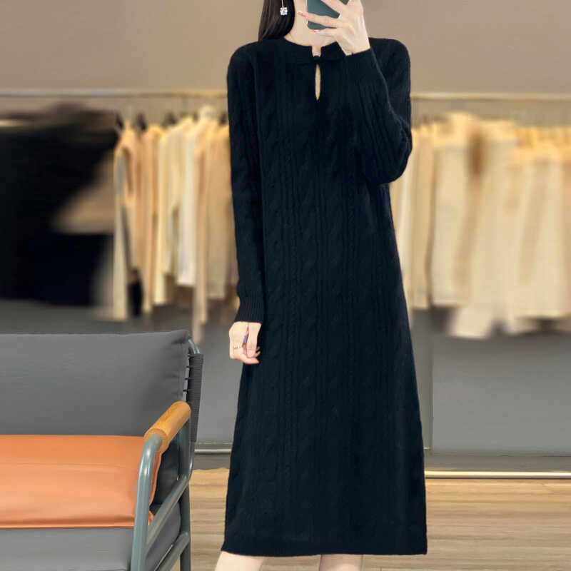 100%纯羊毛衫连衣裙女旗袍领盘扣长袖毛衣裙中长款宽松羊绒衫长裙,淘宝优惠券,粉丝福利购,淘宝优惠卷