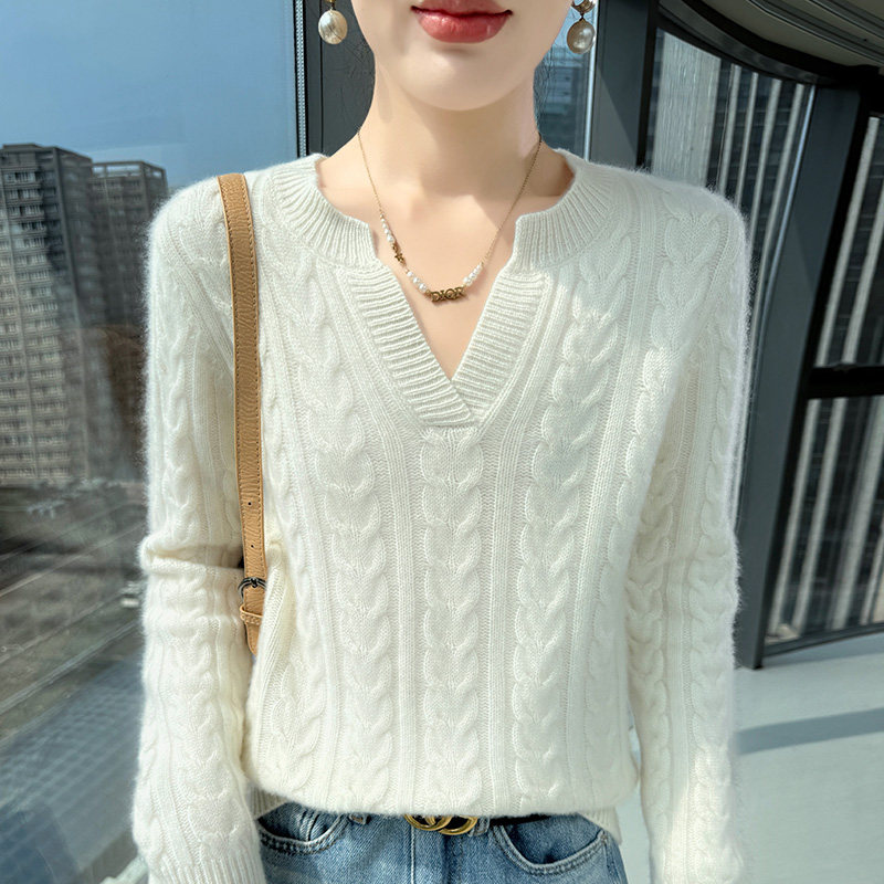 软糯风半开V领山羊绒衫女加厚扭花针织长袖毛衣宽松羊毛打底上衣,淘宝优惠券,粉丝福利购,淘宝优惠卷