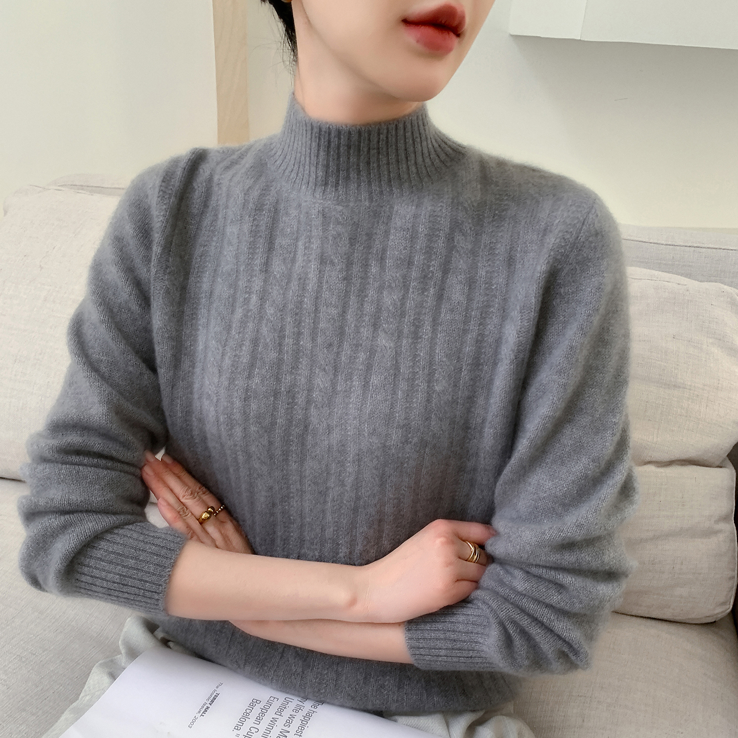 秋冬baby小山羊绒衫女加厚半高领提花针织毛衣宽松气质羊毛衫打底 - 图2