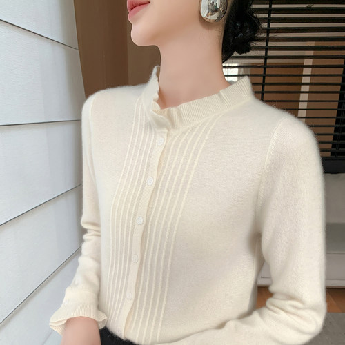 轻奢级baby小山羊绒开衫女木耳边半高领提花针织毛衣宽松羊毛外套 - 图0