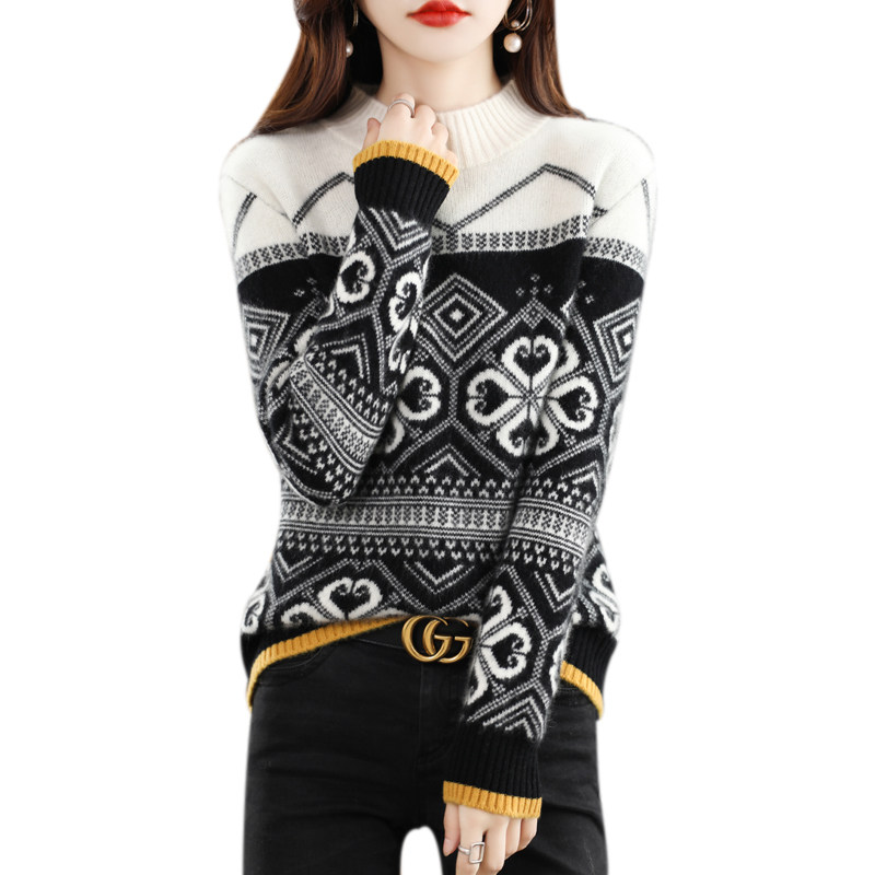 25秋冬新款纯羊毛衫女半高领复古拼色提花宽松羊绒针织内搭打底衫,淘宝优惠券,粉丝福利购,淘宝优惠卷