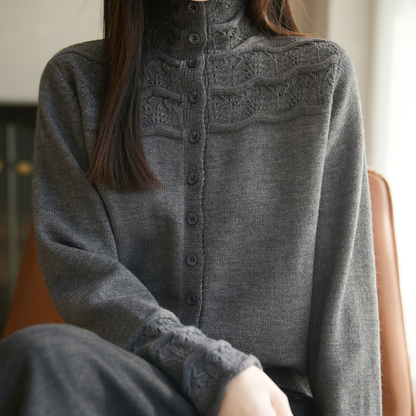 重工镂空钩花精纺羊毛开衫女高领针织衫长袖毛衣宽松气质外套上衣,淘宝优惠券,粉丝福利购,淘宝优惠卷