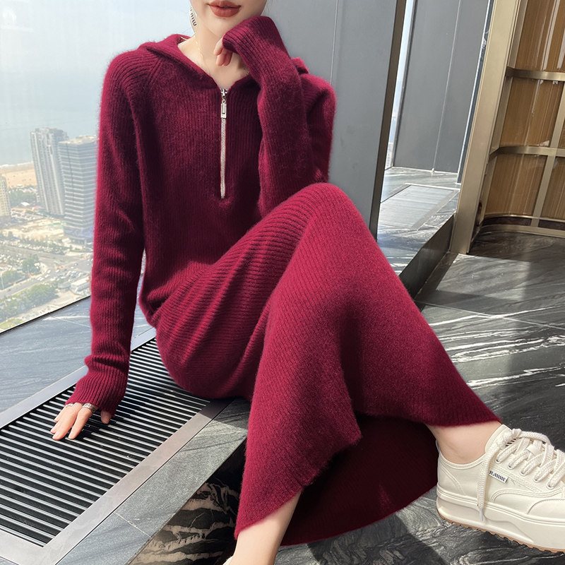 半拉链帽衫高端山羊绒衫女半身裙两件套宽松羊毛衫连帽毛衣套装裙,淘宝优惠券,粉丝福利购,淘宝优惠卷
