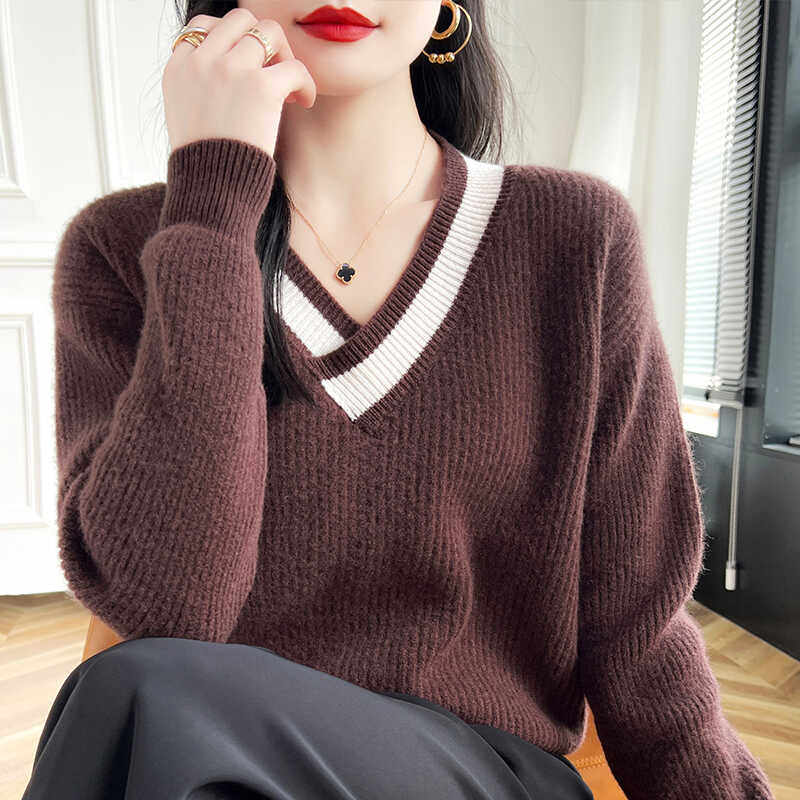 交叉V领100%纯羊毛衫女拼色提花加厚长袖毛衣宽松羊绒衫打底上衣,淘宝优惠券,粉丝福利购,淘宝优惠卷