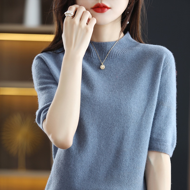一线成衣五分袖半高领100%纯羊毛衫女套头宽松针织打底羊绒衫内搭 - 图2
