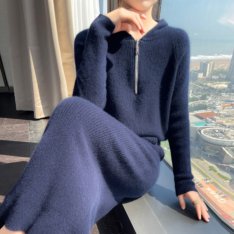 半拉链帽衫高端山羊绒衫女半身裙两件套宽松羊毛衫连帽毛衣套装裙,淘宝优惠券,粉丝福利购,淘宝优惠卷