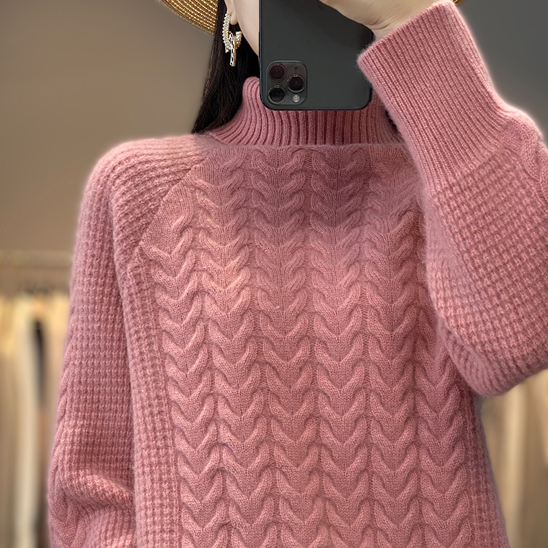 重磅加厚高领100%纯羊毛衫女复古麻花毛衣宽松韩版大码羊绒衫打底,淘宝优惠券,粉丝福利购,淘宝优惠卷