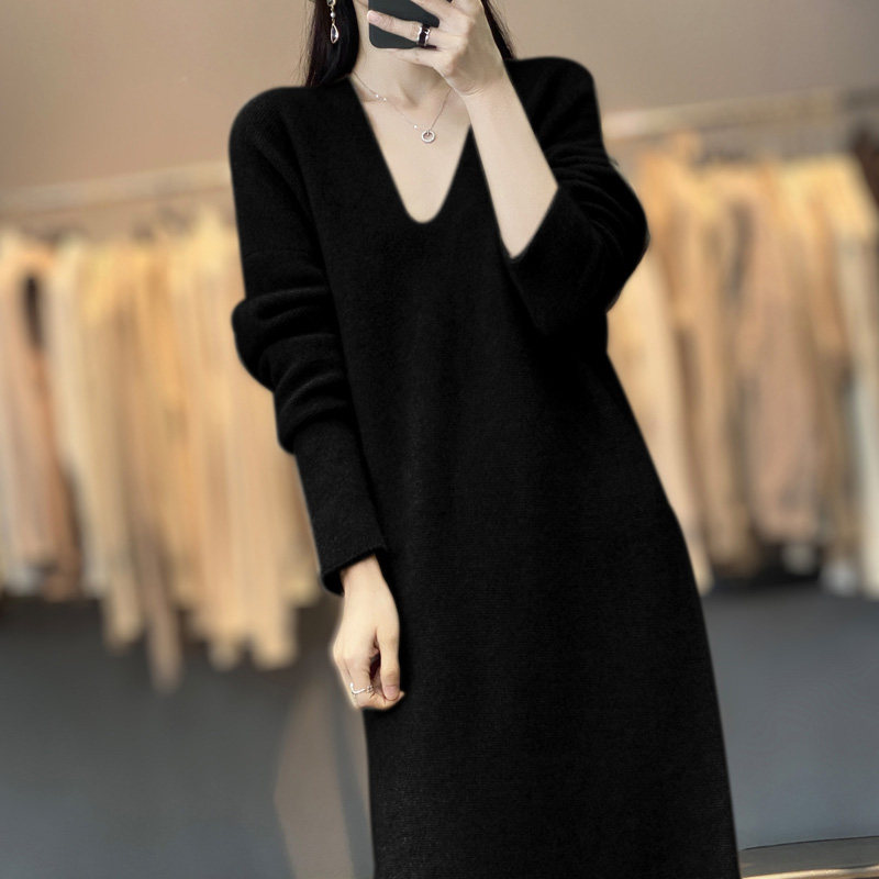 中长款100%纯羊毛衫女秋冬新款V领过膝连衣裙宽松慵懒羊绒衫打底,淘宝优惠券,粉丝福利购,淘宝优惠卷