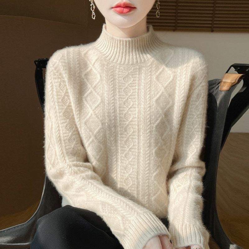 25秋冬半高领菱形绞花100%纯羊毛衫女加厚宽松羊绒衫针织打底毛衣,淘宝优惠券,粉丝福利购,淘宝优惠卷