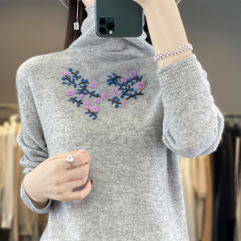 堆堆领100%纯羊毛衫女秋冬新款手工刺绣高领梅花羊绒衫百搭打底衫,淘宝优惠券,粉丝福利购,淘宝优惠卷