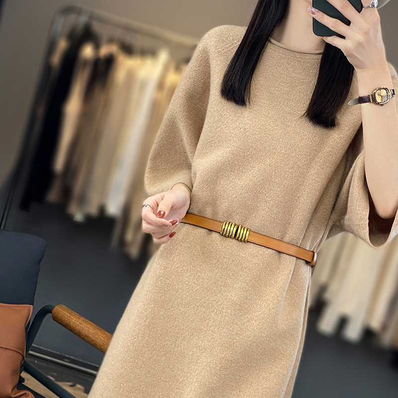 100%纯羊毛衫女2025春秋新款女七分袖中长款打底长裙气质针织裙子 - 图2