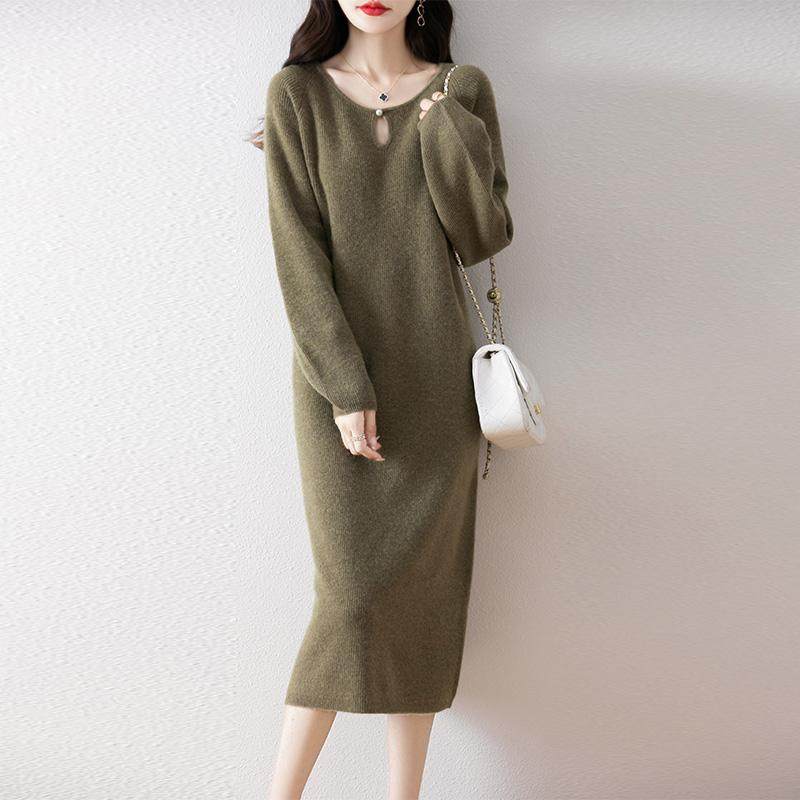 100%羊毛衫连衣裙女圆领中长款加厚针织毛衣过膝长裙宽松打底裙子,淘宝优惠券,粉丝福利购,淘宝优惠卷