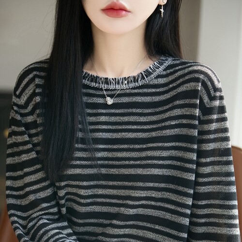 春秋新款精纺羊毛衫女流苏圆领条纹拼色开衫外套宽松长袖打底上衣 - 图1